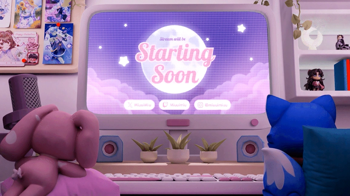 Escena 3D de Miuu Stream con un escritorio y una pantalla de Starting Soon.