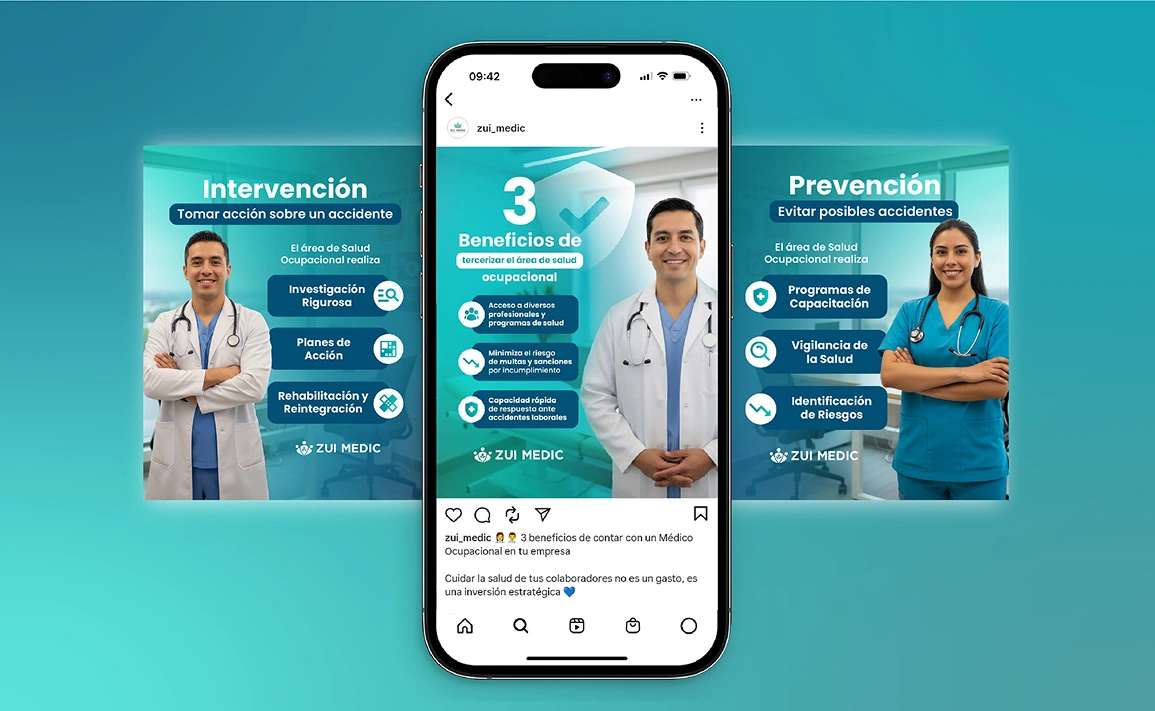 Piezas de contenido digital para Zui Medic en una composición con un teléfono.
